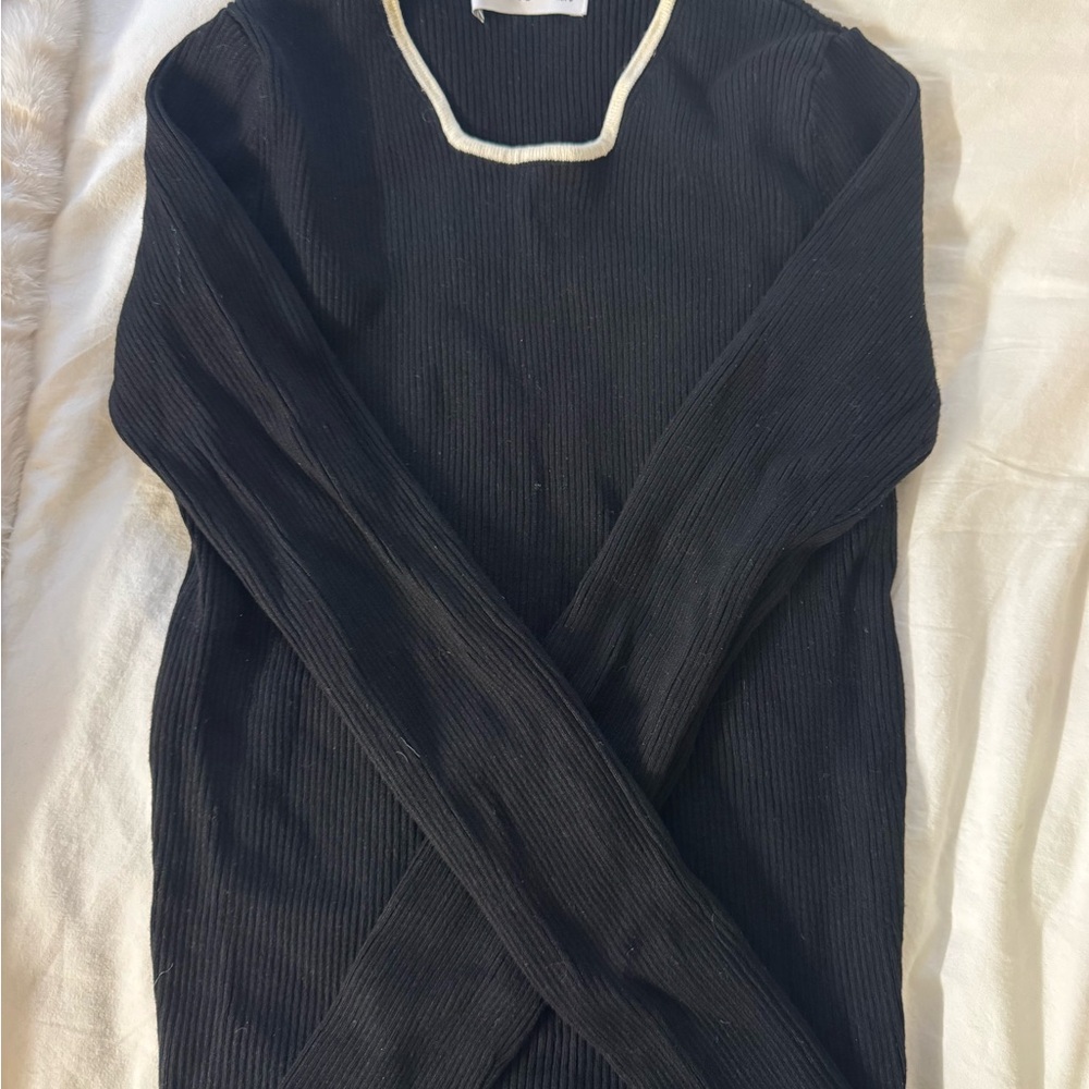 Black Ribbed Long Sleeve Top with White Trim